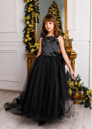 Black Lace Appliques Tulle Flower Girl Dress With Train